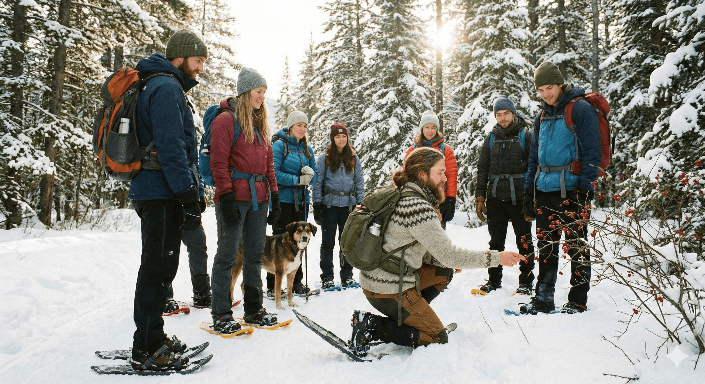Snowshoeing on a forested winter trail